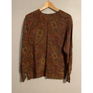 Vintage Sandra Roth Womens Top Size 14 Brown Paisley Silk Satin Boho 90s READ